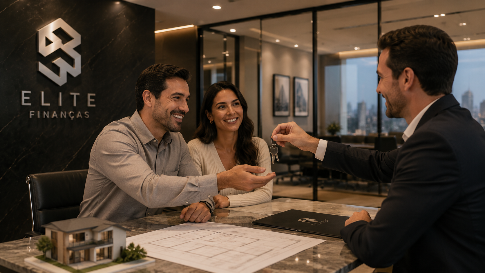 Especialista da Elite Finanças entregando as chaves de um imóvel a clientes
